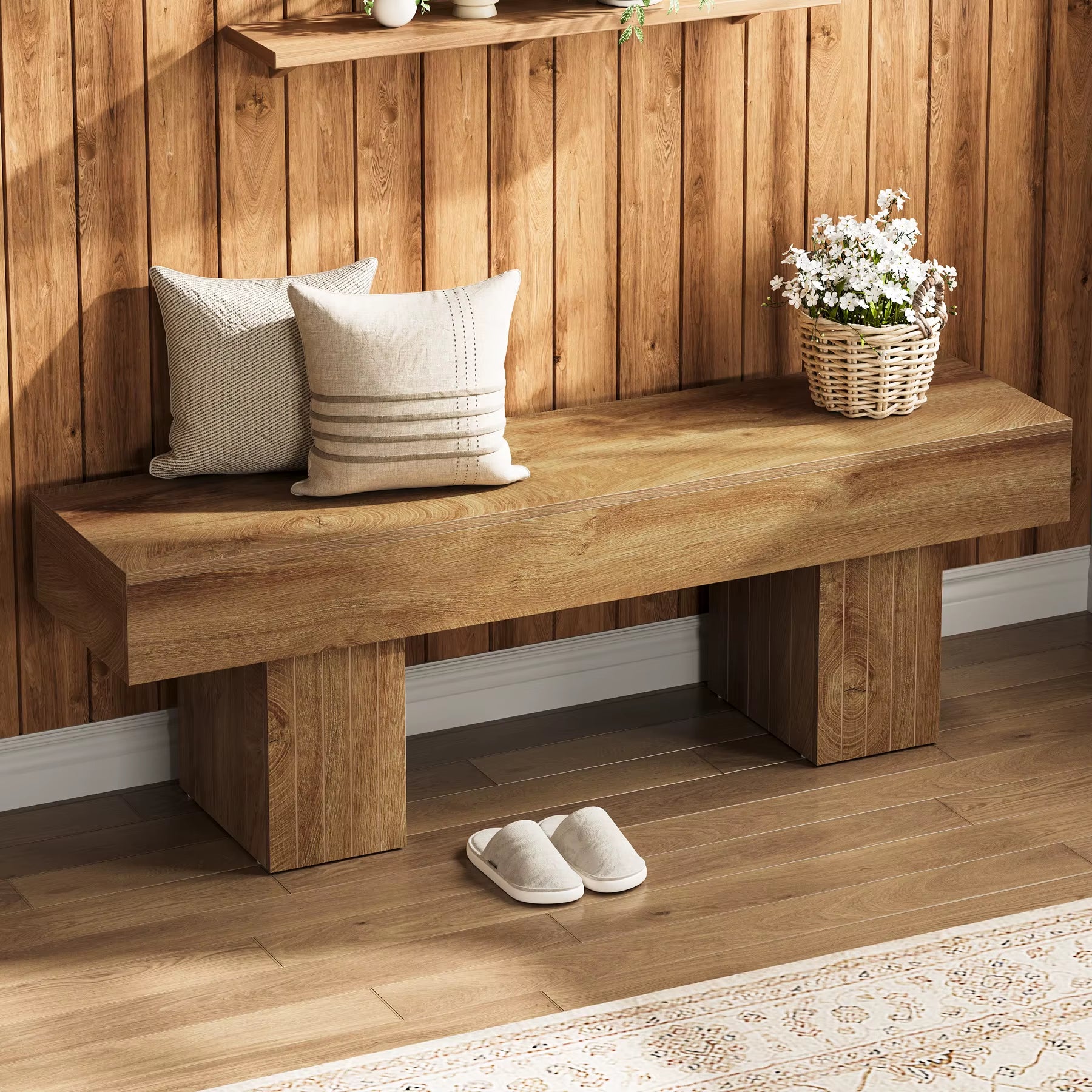 Tribesigns 55 Inches Entryway Bench, Farmhouse Wood End of Bed Bench, Long Indoor Bench for Entryway, Hallway, Living Room