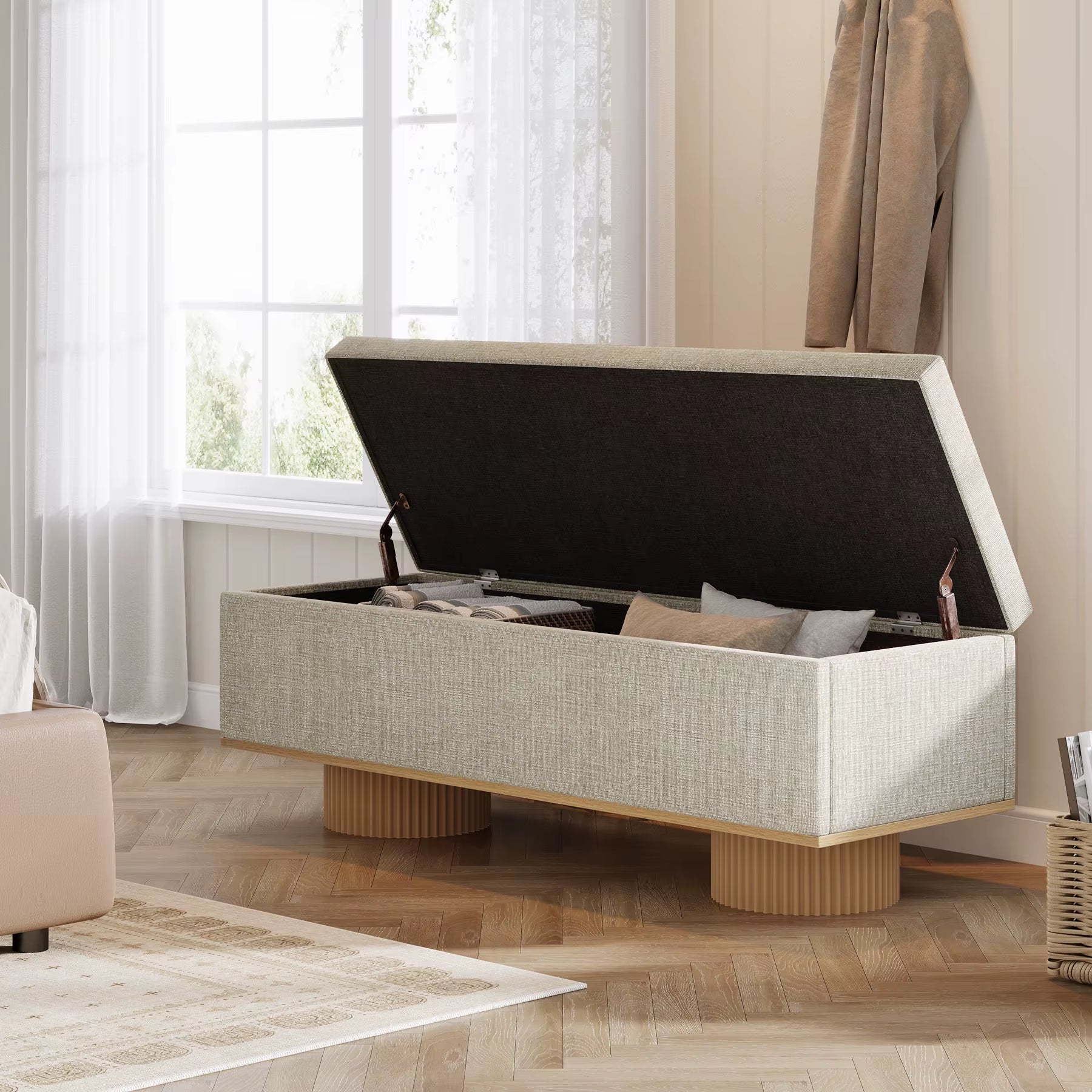 Modern Furniture Wood Base Bed End Stool Bedroom Indoor Living Room Performance Fabric Storage Upholstered Shoe Bench