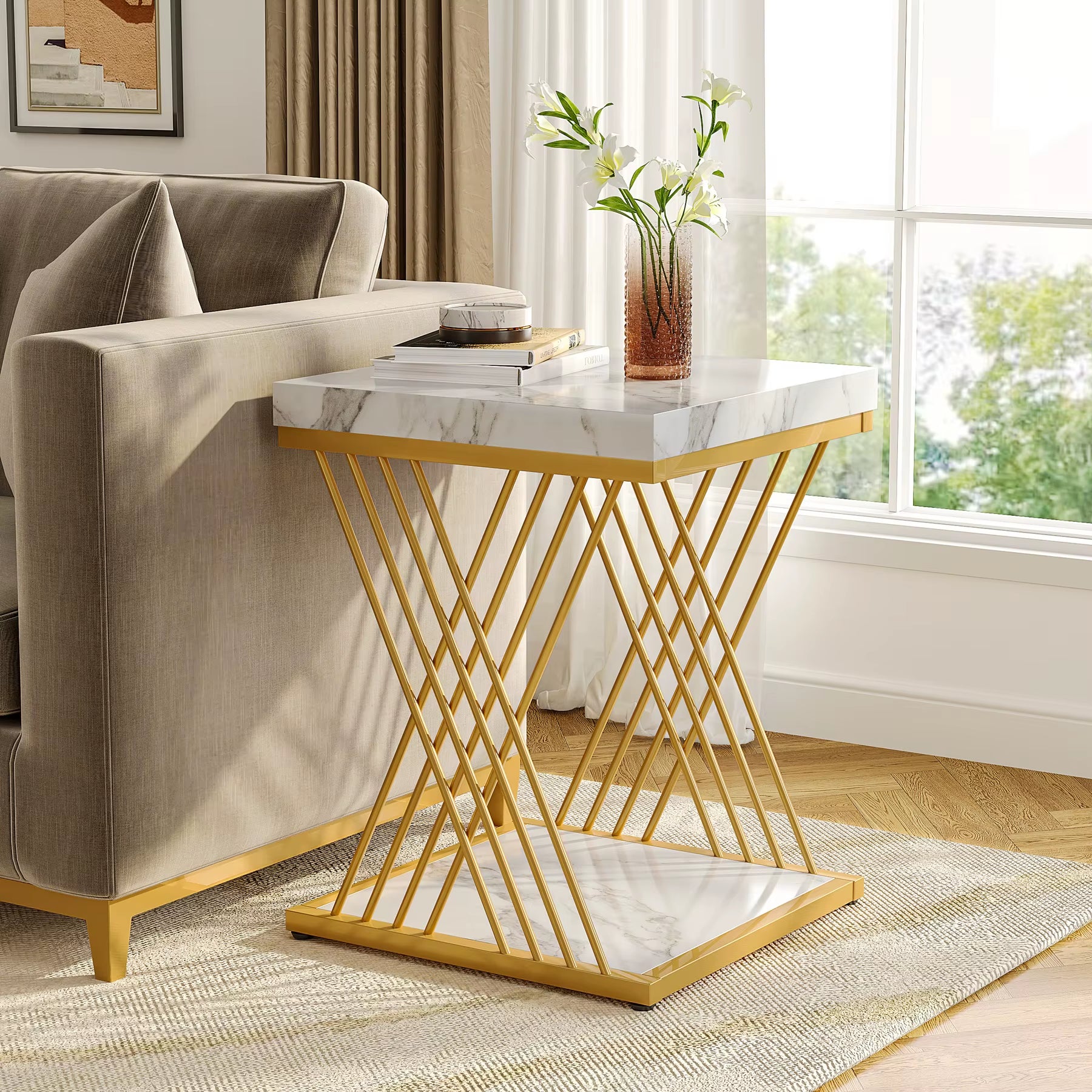 Square End Table White Gold 2-Tier Side Table Modern Small Bedside with Storage for Couch, Sofa Chairside Tables