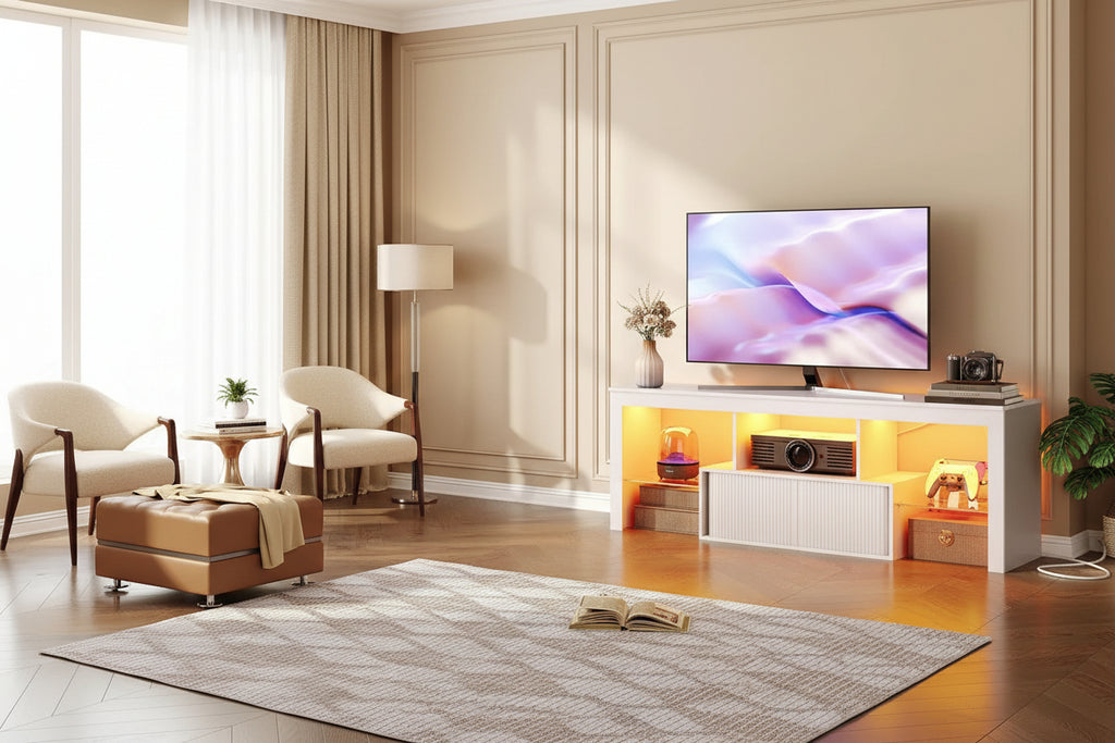 Modern Wooden TV Stand Adjustable Features Power Outlet LED Light Strip Storage for 55-59 Inch Tvs-Living Room