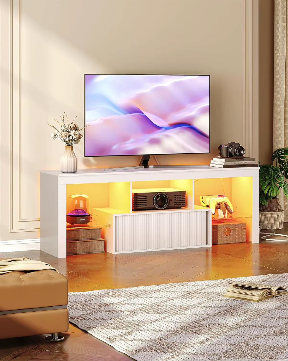 Modern Wooden TV Stand Adjustable Features Power Outlet LED Light Strip Storage for 55-59 Inch Tvs-Living Room