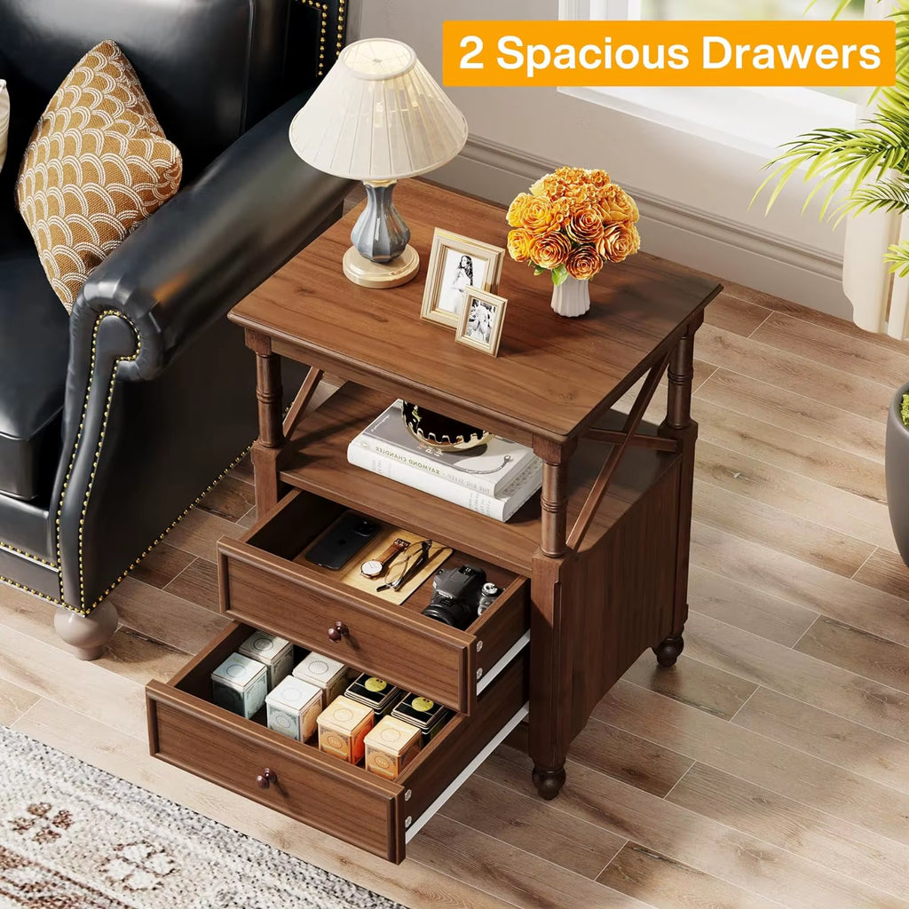 Rustic Wooden End Table Bed Side Table, Night Stand Bedside Table with Drawers and Open Shelf