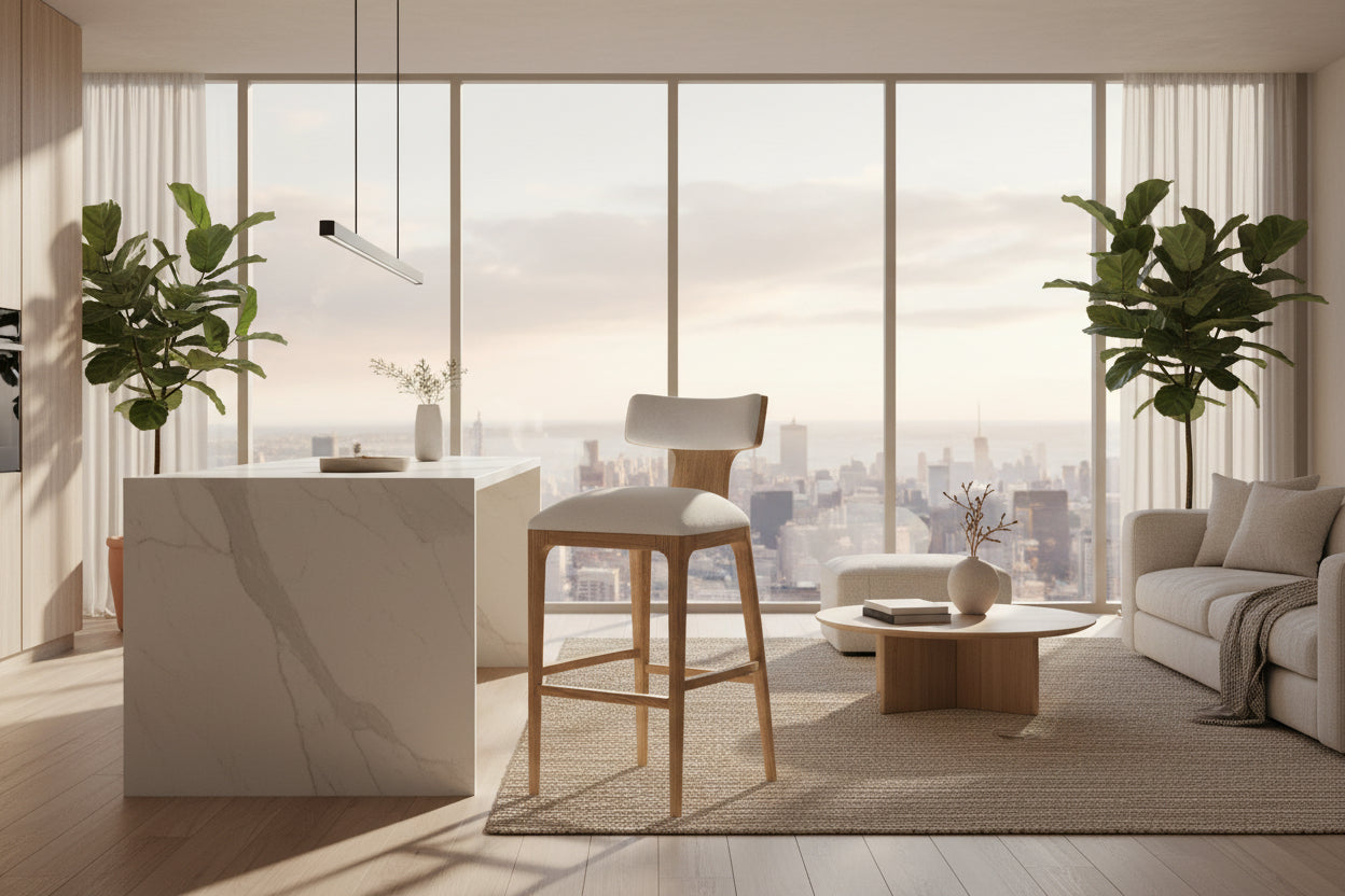 Modern Minimalist Indoor Furniture Solid Wood Frame Living Room Fabric Bar/Counter Stool