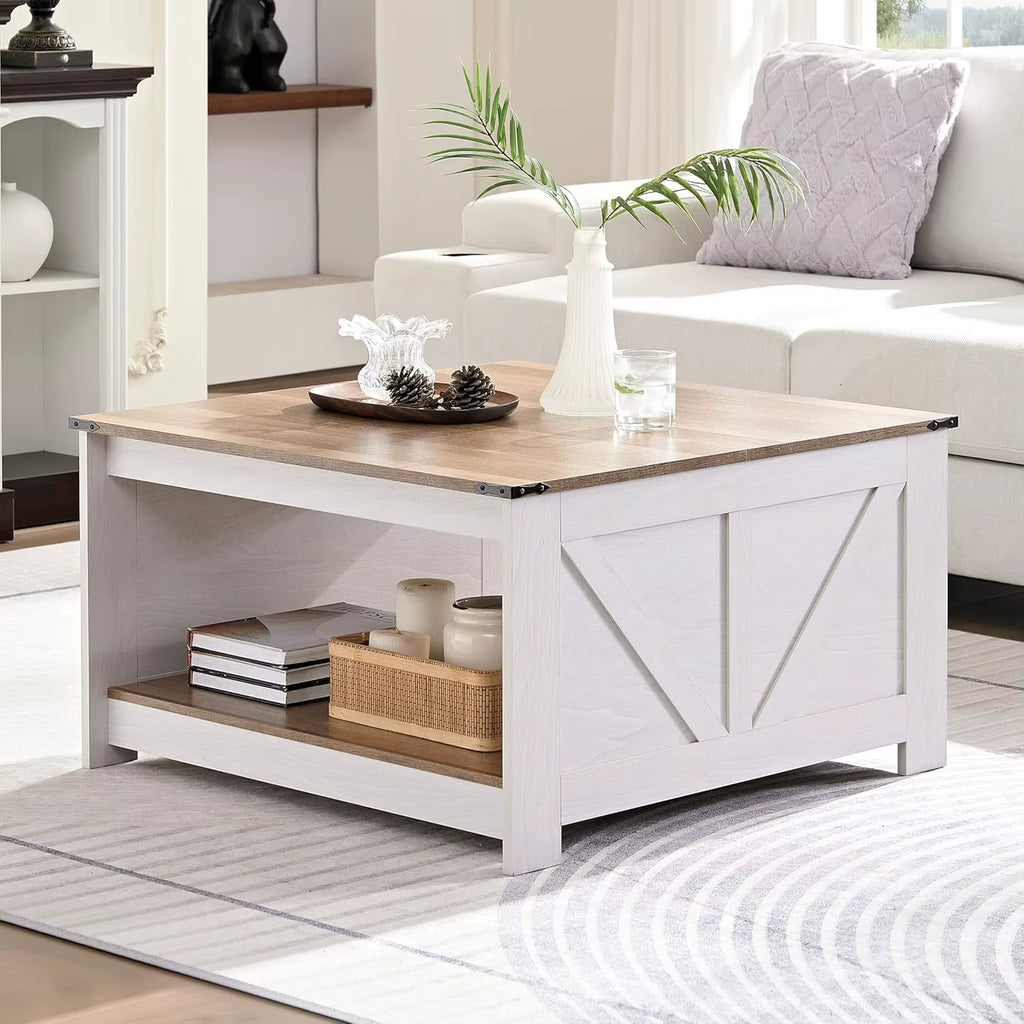 Modern Farmhouse Rotatable Nesting Coffee Table with Storage Solid Wood Square Design for Living Room Home Furniture
