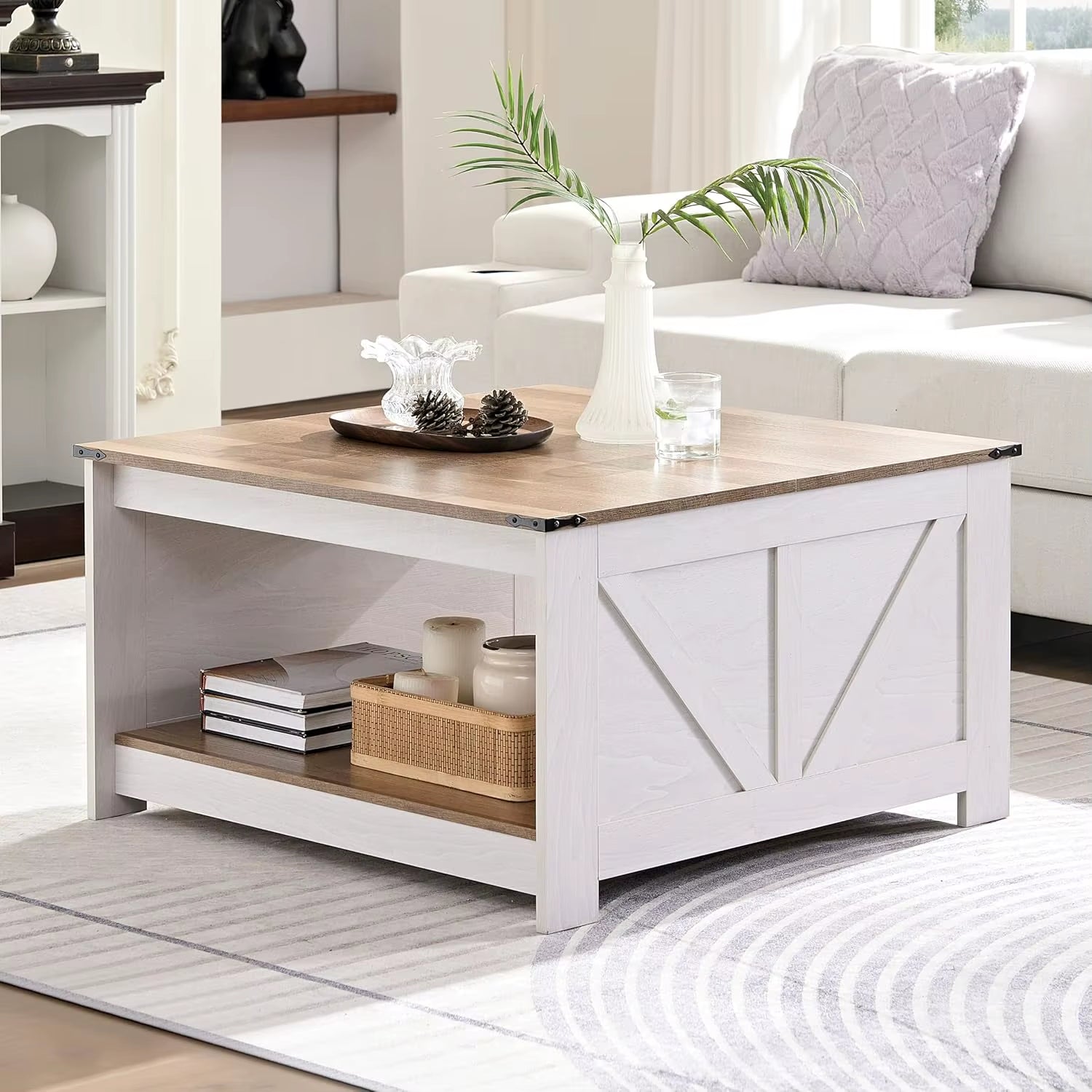 Modern Farmhouse Rotatable Nesting Coffee Table with Storage Solid Wood Square Design for Living Room Home Furniture