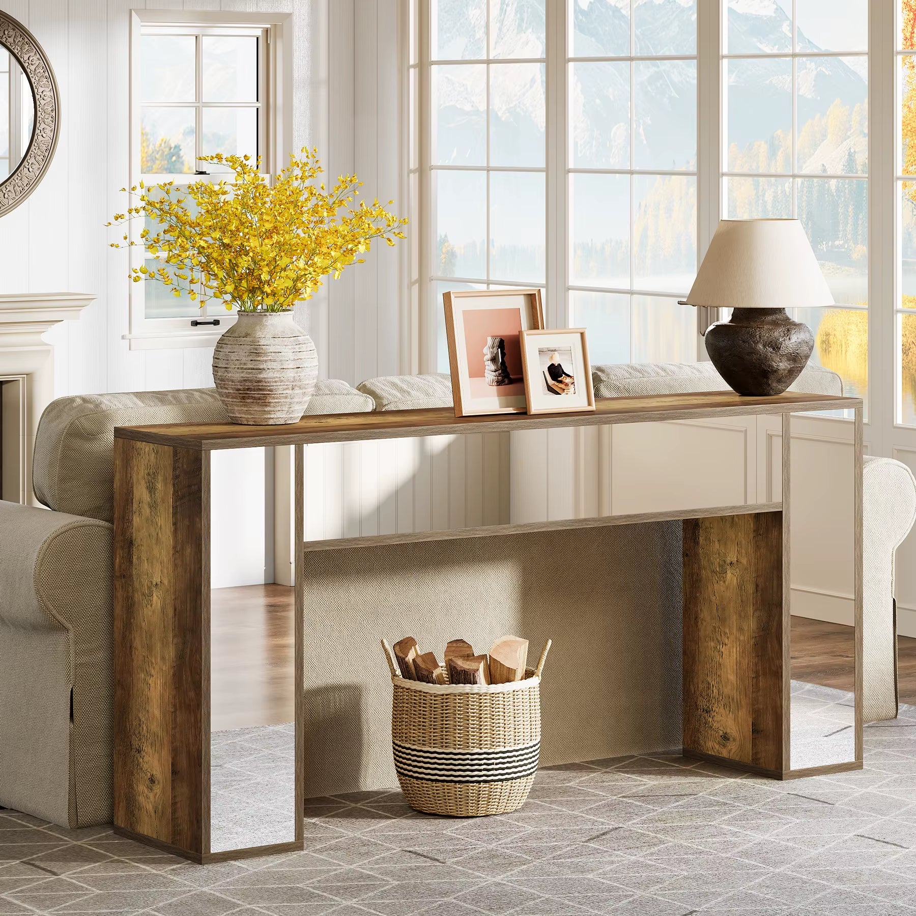 Modern Entryway Console Table with Mirrored Finish and Storage Features for Villa Hotel Living Room Bedroom Farmhouse