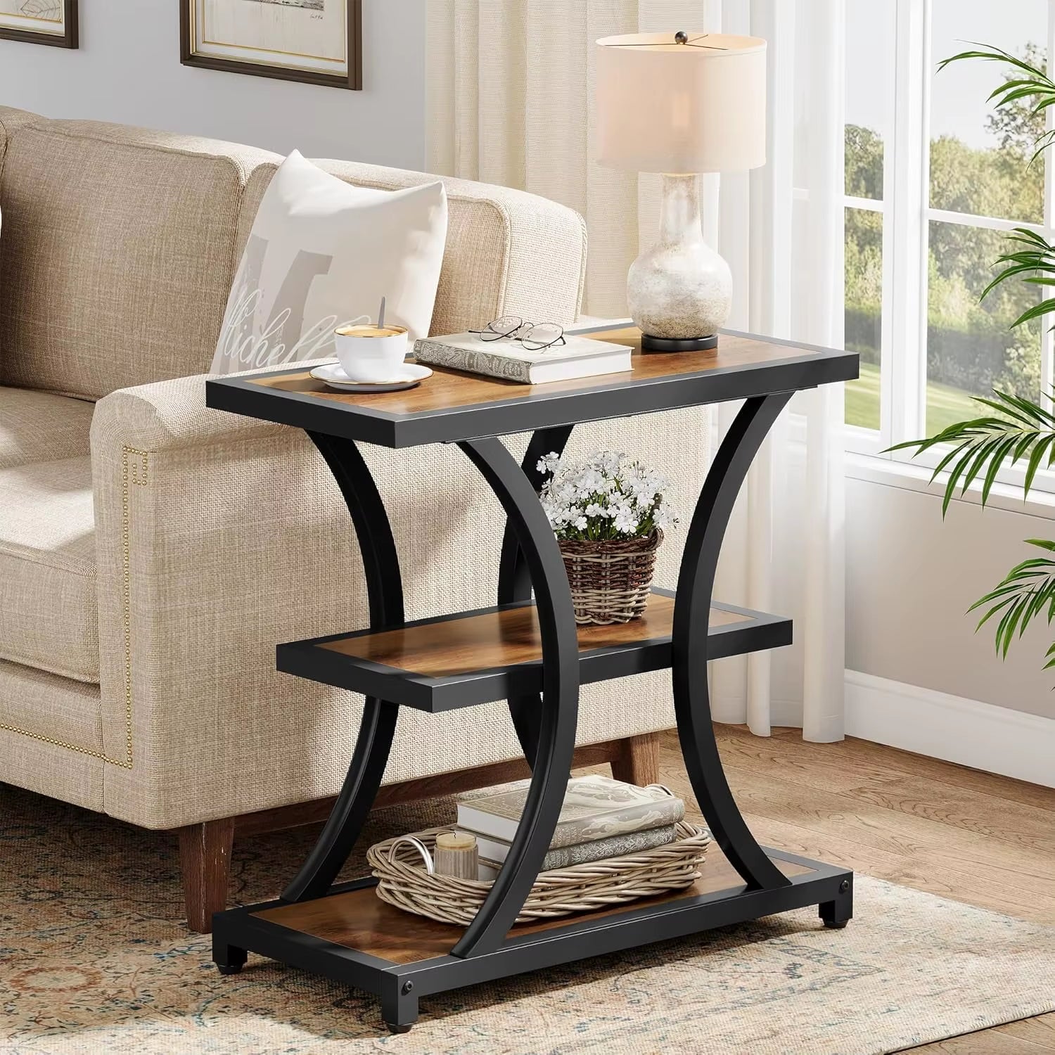 3-Tier Side Tables,Industrial End Tables with MDF Shelf for Living Room Furniture Bedroom Furniture, Home Furniture
