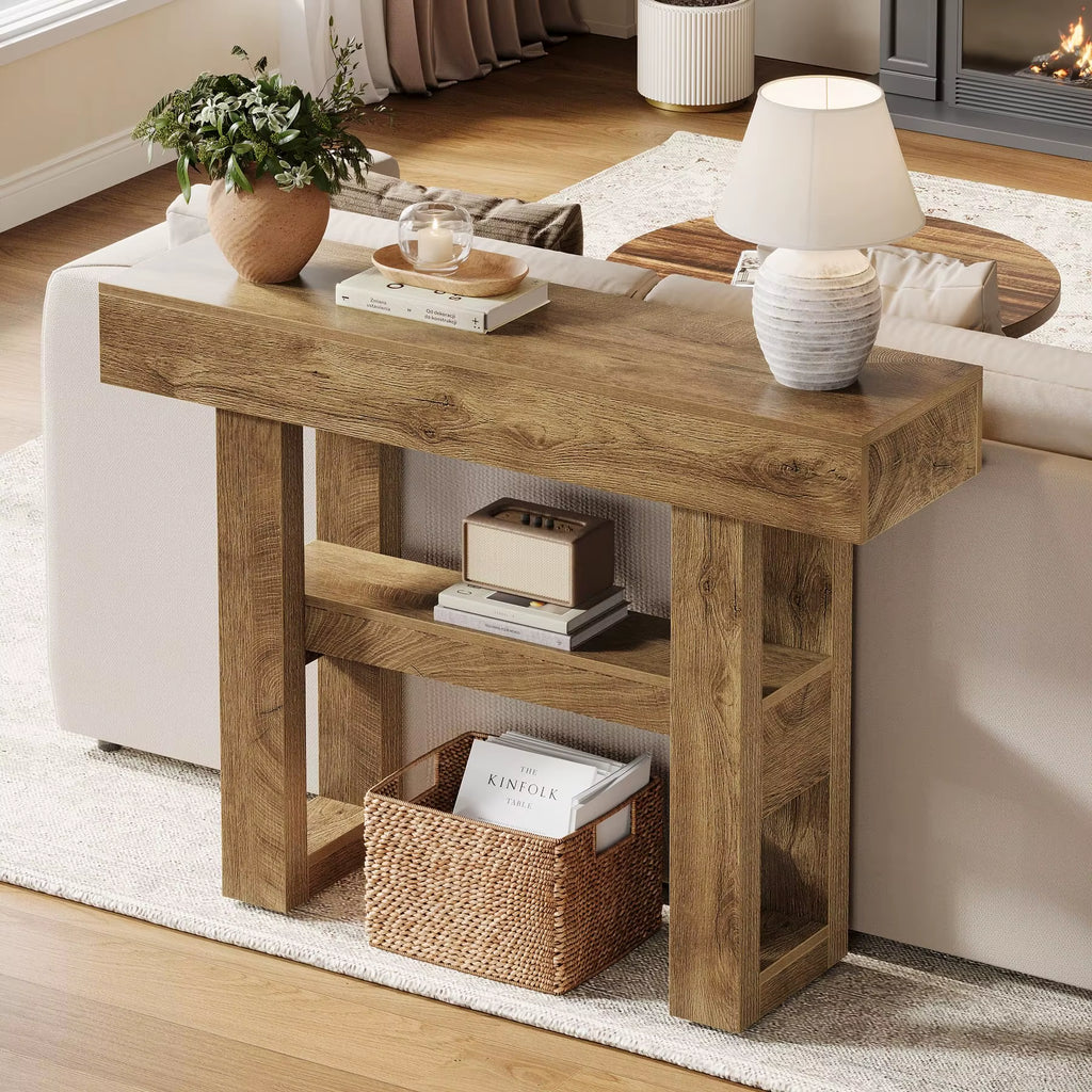 Wood Living Room Entryway Table Console Sofa Table with 2-Tier and Open Storage Shelves