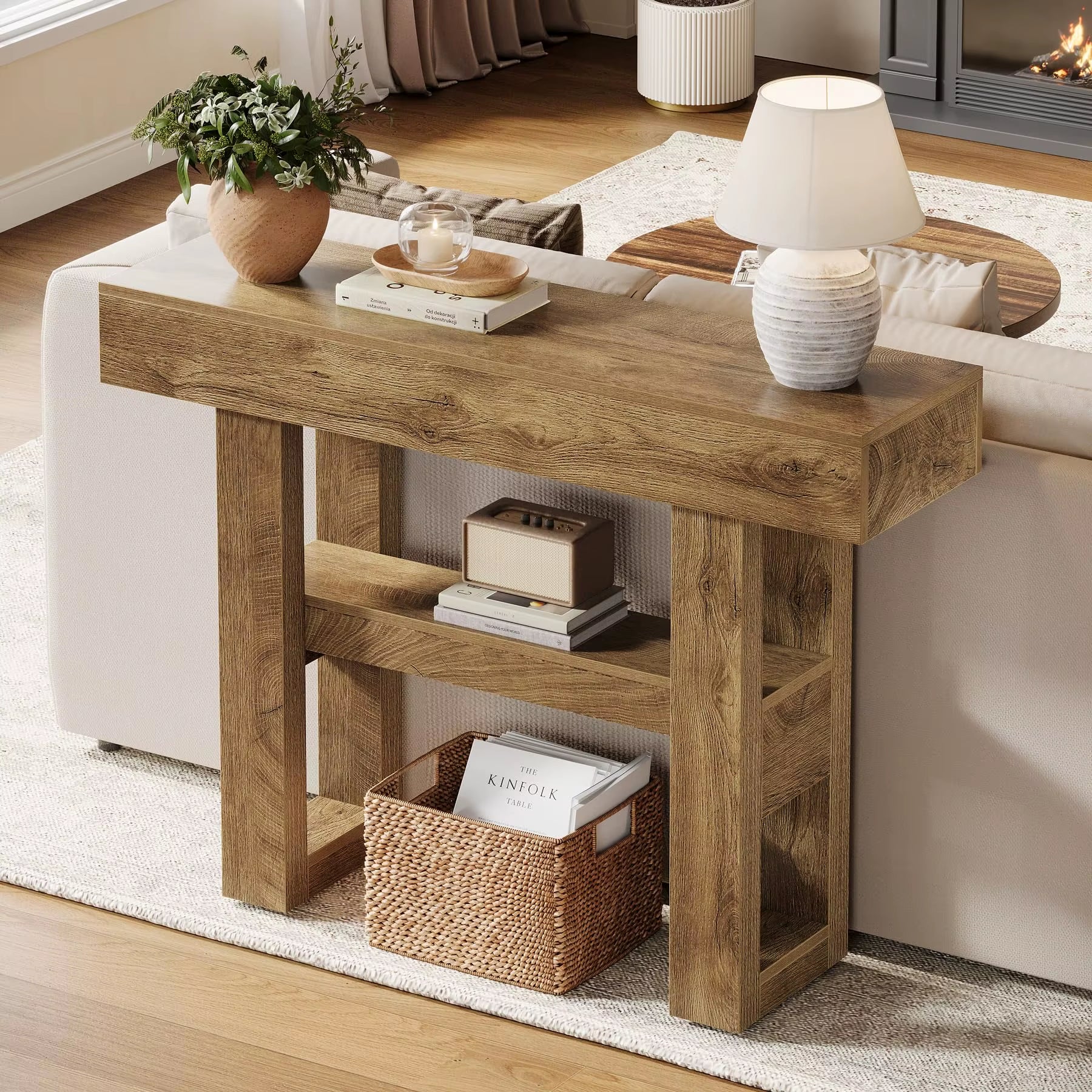 Wood Living Room Entryway Table Console Sofa Table with 2-Tier and Open Storage Shelves