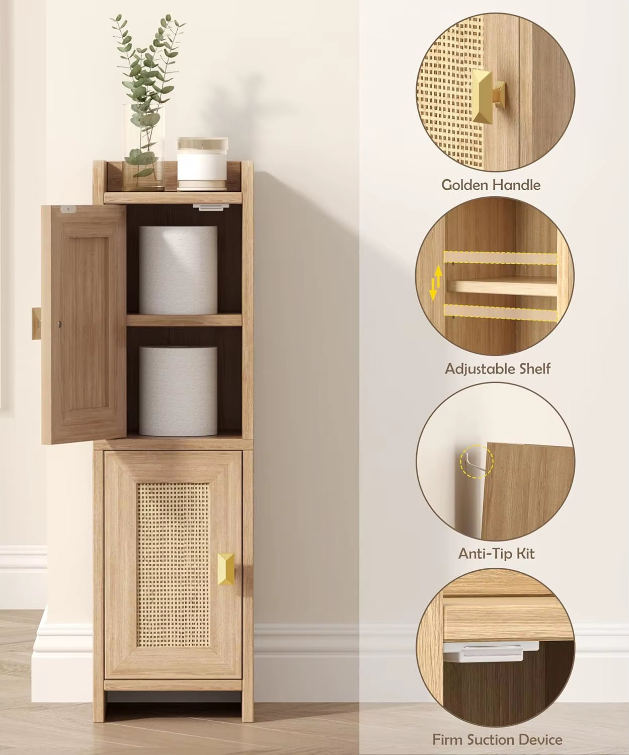 Natural Oak Wooden Bathroom Furniture Small 2-Door Narrow Toilet Paper Storage Organizer Outdoor Suitable Bathroom Cabinet