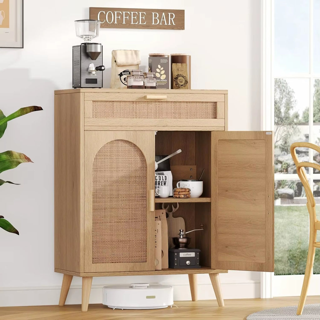 Boho Style Natural Wood Sideboard Cabinet Rattan Accents Coffee Bar Credenzas Accent Drawer for Home Furniture Living Room
