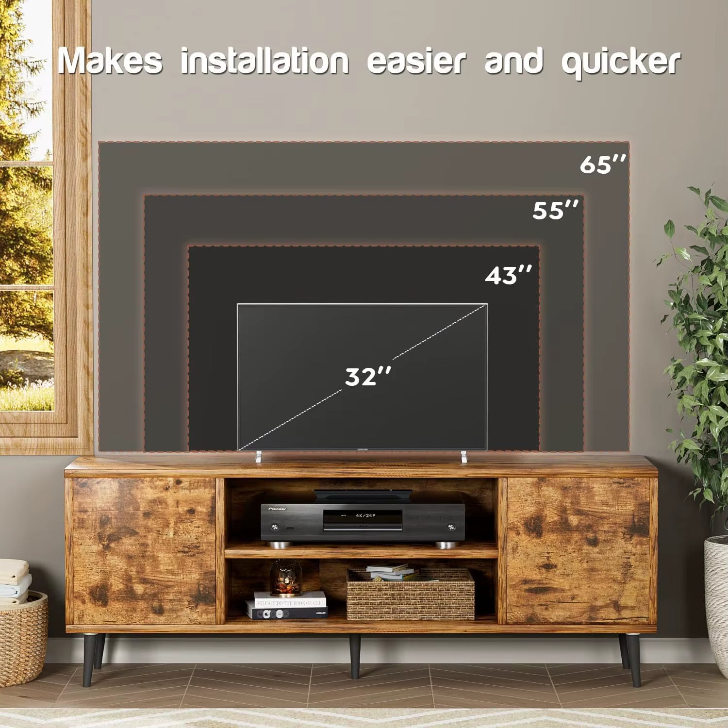 Modern Natural Country Design Solid Wood TV Stand Sliding Cabinets Entertainment Center Shelves for Living Room Furniture