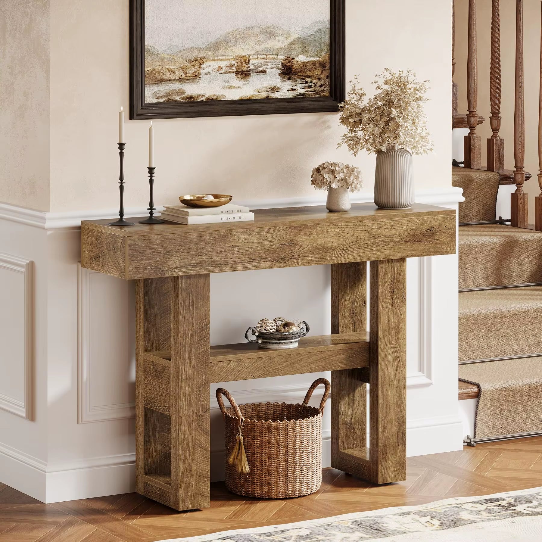 Wood Living Room Entryway Table Console Sofa Table with 2-Tier and Open Storage Shelves