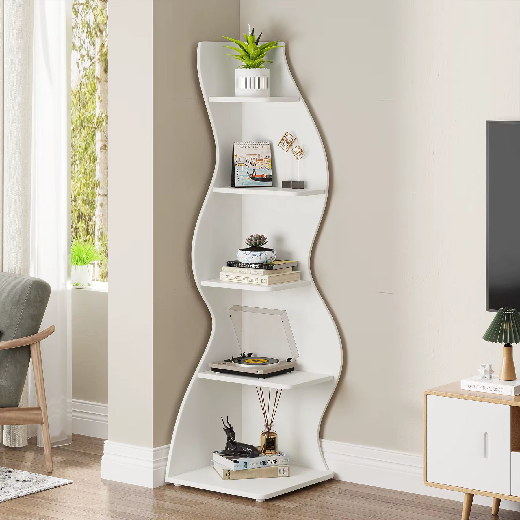 Tribesigns New Designs Modern Living Room Furniture 5-Tier Wall Corner Bookshelf Cabinet Bookcases Corner Storage Display Racks