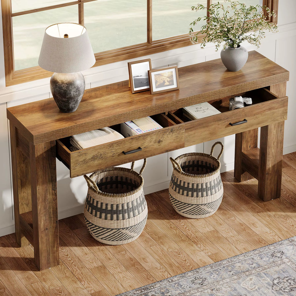Factory Spot Wood Entry Console Table 2 Drawer Cabinets Storage Decorative Living Room Coffee Table