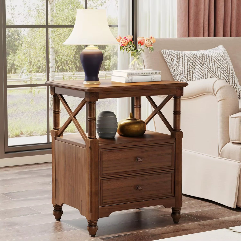 Rustic Wooden End Table Bed Side Table, Night Stand Bedside Table with Drawers and Open Shelf