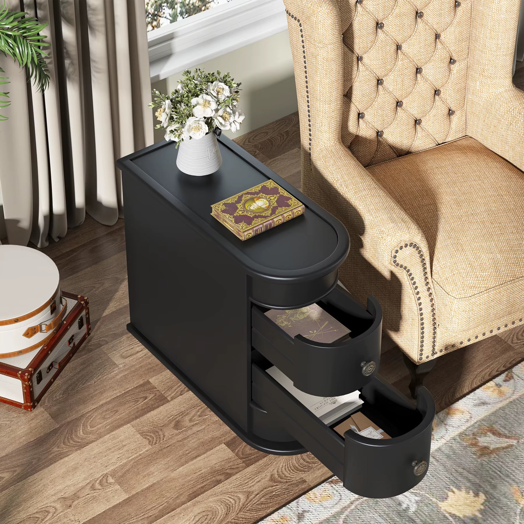 Tribesigns High End Luxury Solid Wood Fully Assemble Narrow 2-Drawers Wooden Small Sofa Black Side Table for Living Room