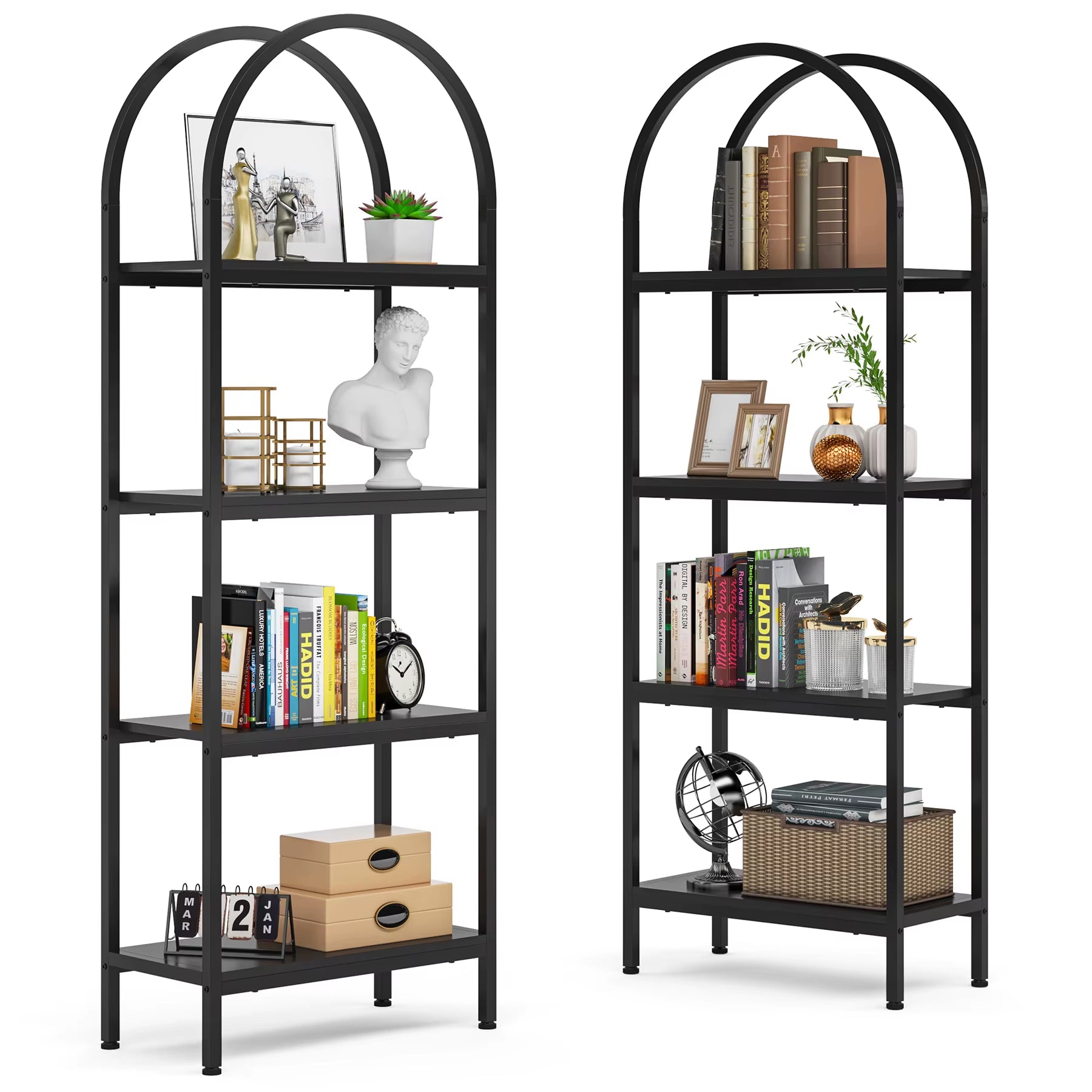 Tribesigns Industrial Arched Bookcase Storage Shelves with Metal Frame Open Wooden Tall Bookshelf Display Shelf
