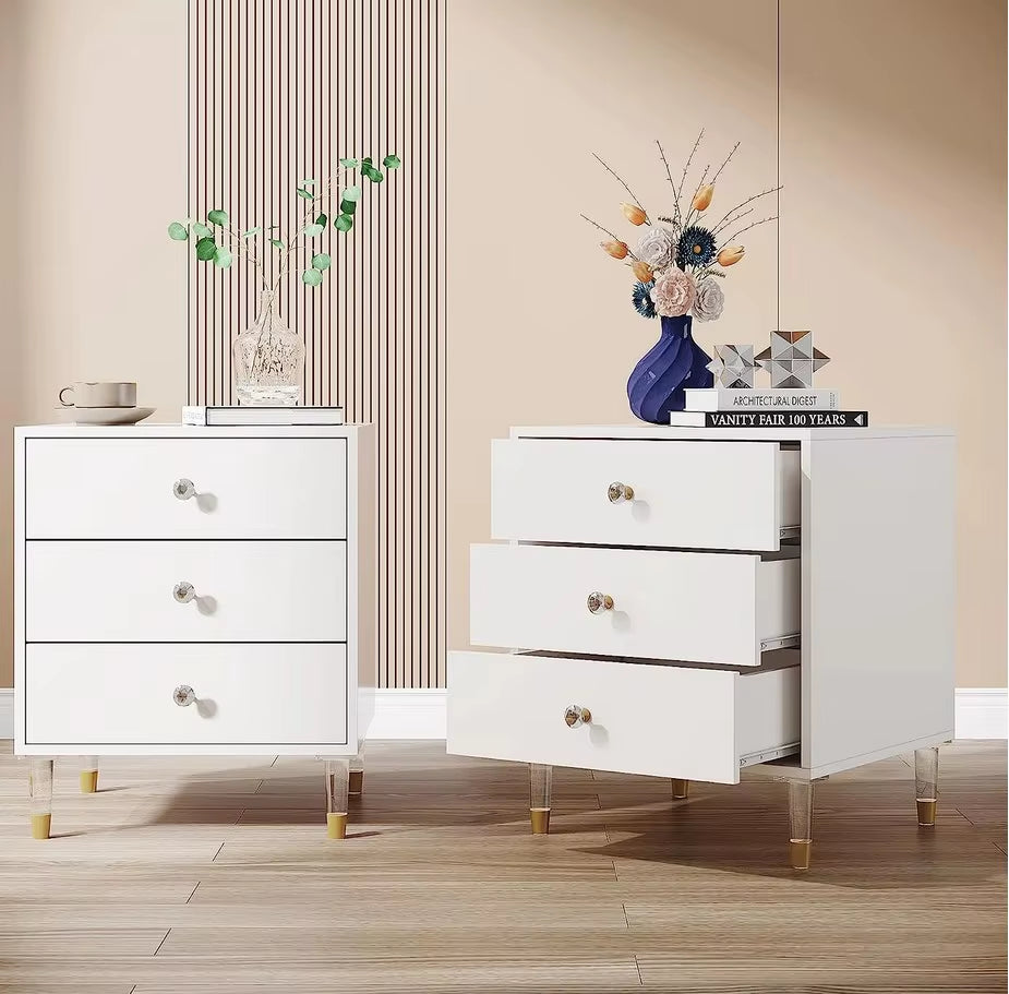 Bedside Table White Night Stand 3 Drawer Bedside Cabinet with Metal round Handles