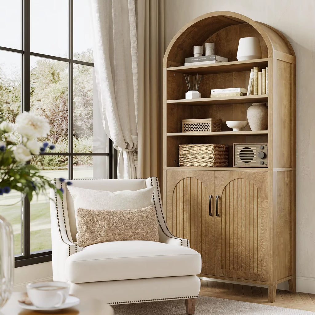 Tribesigns 70.9 Inches Tall Arched Bookcase, 8-Tier Bookshelf with Doors & Adjustable Shelves, Farmhouse Big Bookcase