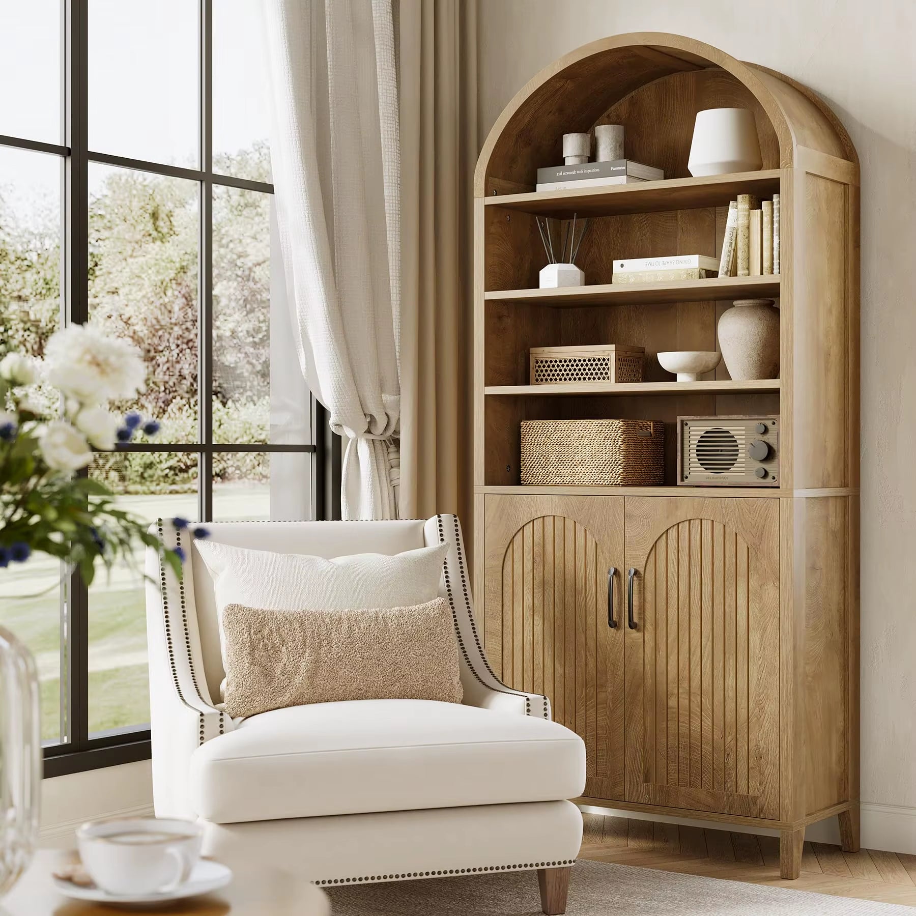 Tribesigns 70.9 Inches Tall Arched Bookcase, 8-Tier Bookshelf with Doors & Adjustable Shelves, Farmhouse Big Bookcase