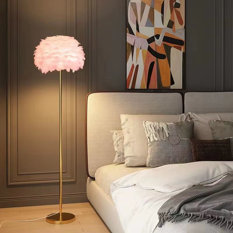 Modern Luxury Vertical Floor Lamp LED Internet Celebrity Bedroom Headboard Ins for Living Room Feather Decorative Atmosphere