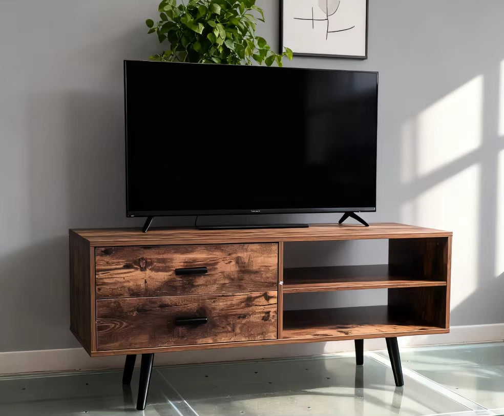 Nordic Style Wood Panel TV Stand Home Office Furniture with Metal Legs Storage Shelves for Living Room Use