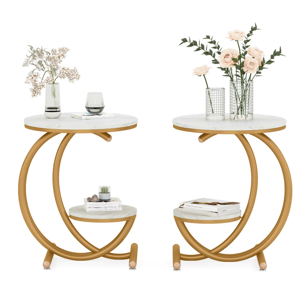 C-Shaped 2 Tier Wood Faux Marble Side Stainless Steel Table Legs round End Table for Sale