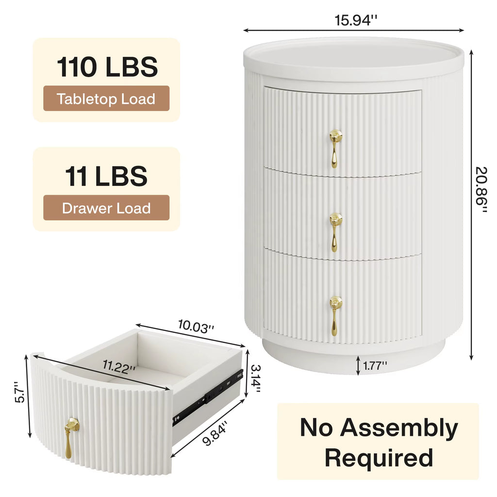 Tribesigns Nightstand with 3 Drawers, No Assembly Required Modern round Bedside Table Side Table with Storage and Gold Handles