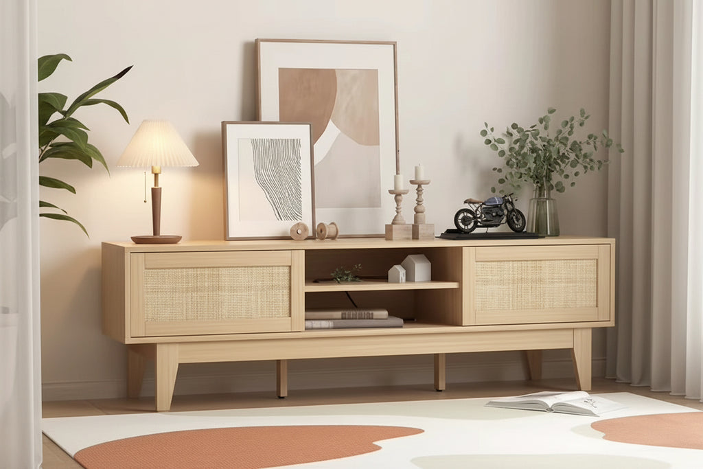 OEM/ODM Wenfeng Factory Modern Design Solid Wood TV Stand Sliding Cabinet Entertainment Center Shelves Entry Living Room Bedroom