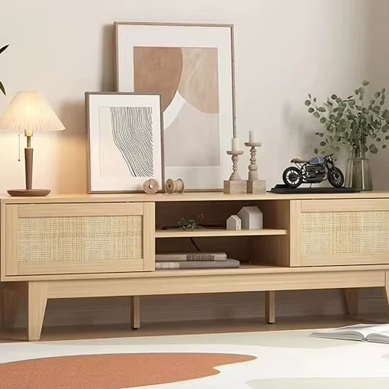 OEM/ODM Wenfeng Factory Modern Design Solid Wood TV Stand Sliding Cabinet Entertainment Center Shelves Entry Living Room Bedroom