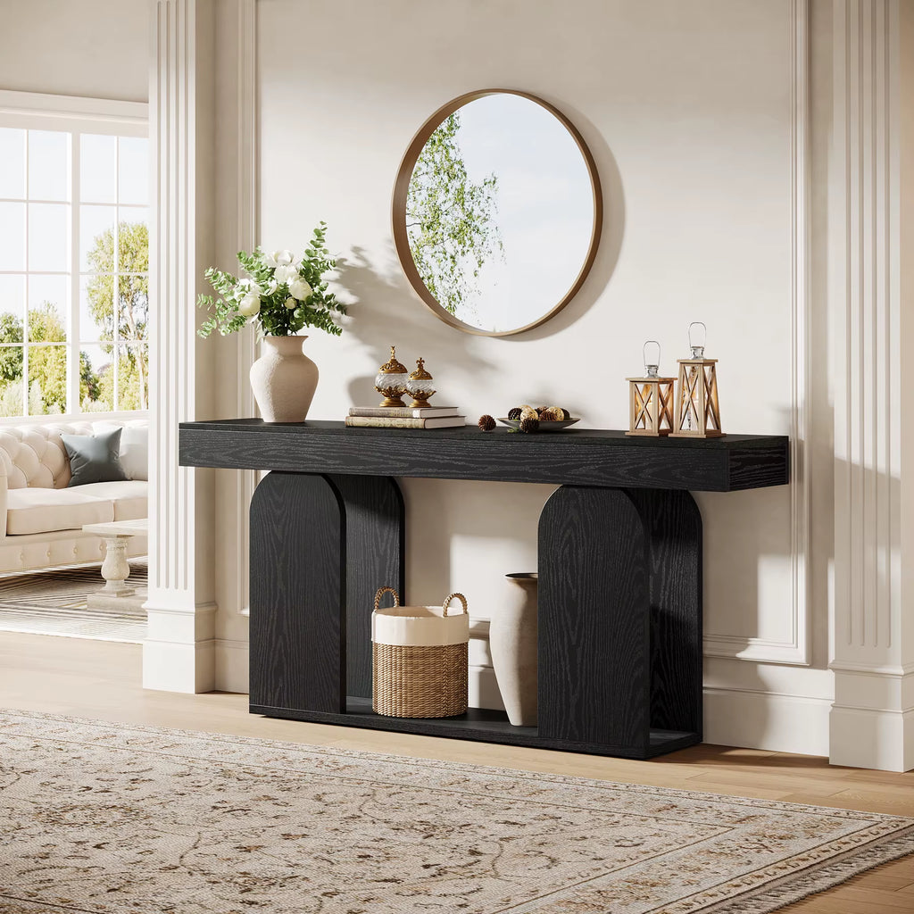 Tribesigns 70.9-Inch Extra Long Sofa Table, 2-Tier Wood Table behind Couch, Black Console Tables with Wood Storage Shelf