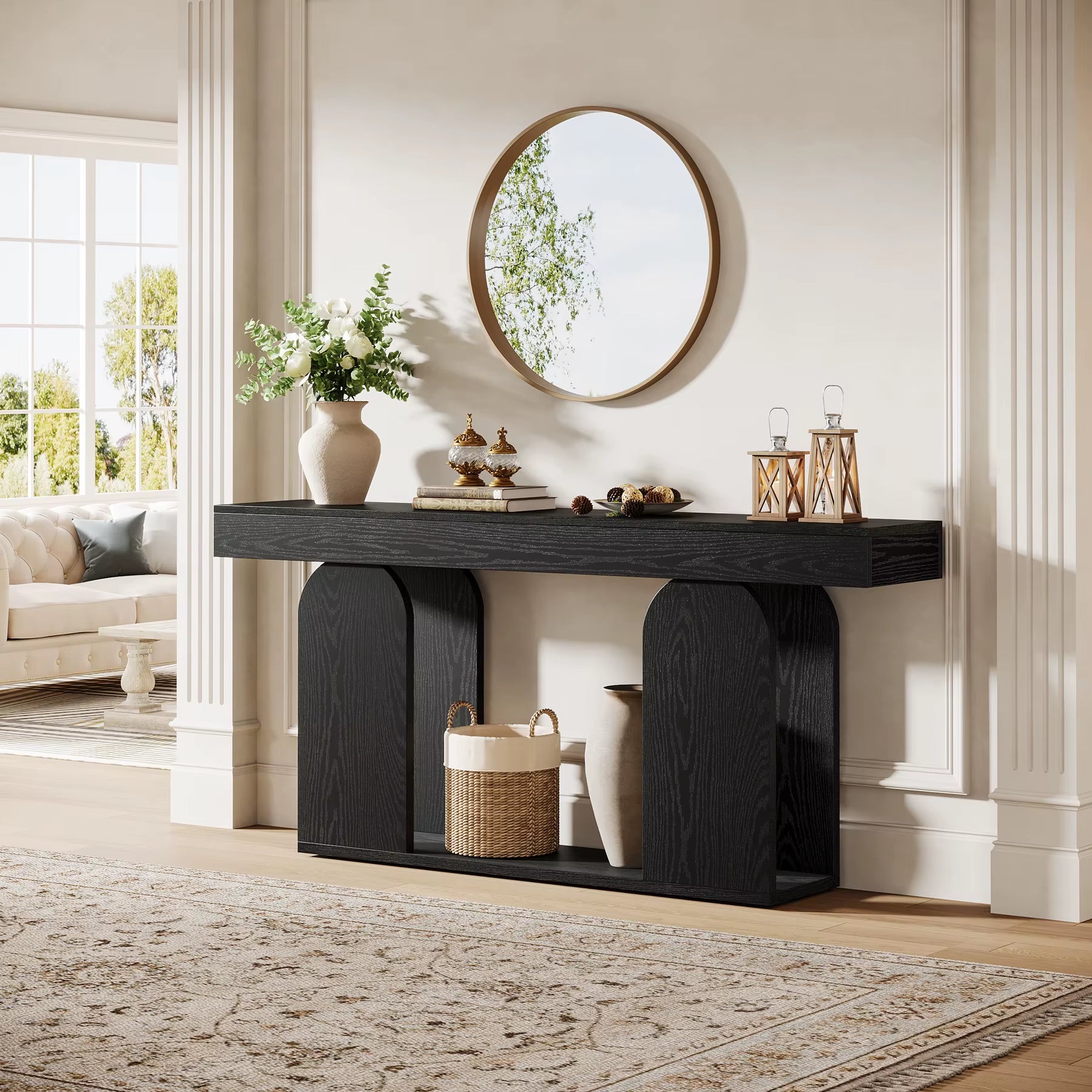 Tribesigns 70.9-Inch Extra Long Sofa Table, 2-Tier Wood Table behind Couch, Black Console Tables with Wood Storage Shelf