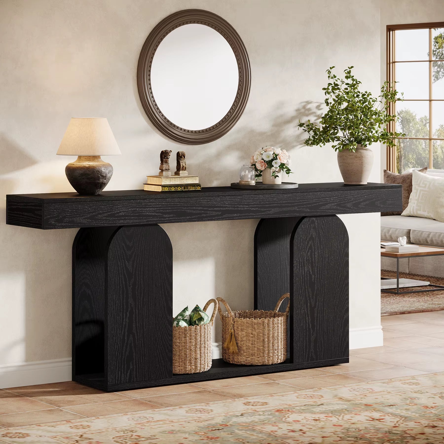 Tribesigns 70.9-Inch Extra Long Sofa Table, 2-Tier Wood Table behind Couch, Black Console Tables with Wood Storage Shelf