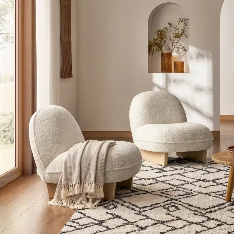 Modern Fabric Lambswool Sofa White Cushions Wood Base Lounge Armless Chair Single Sofa