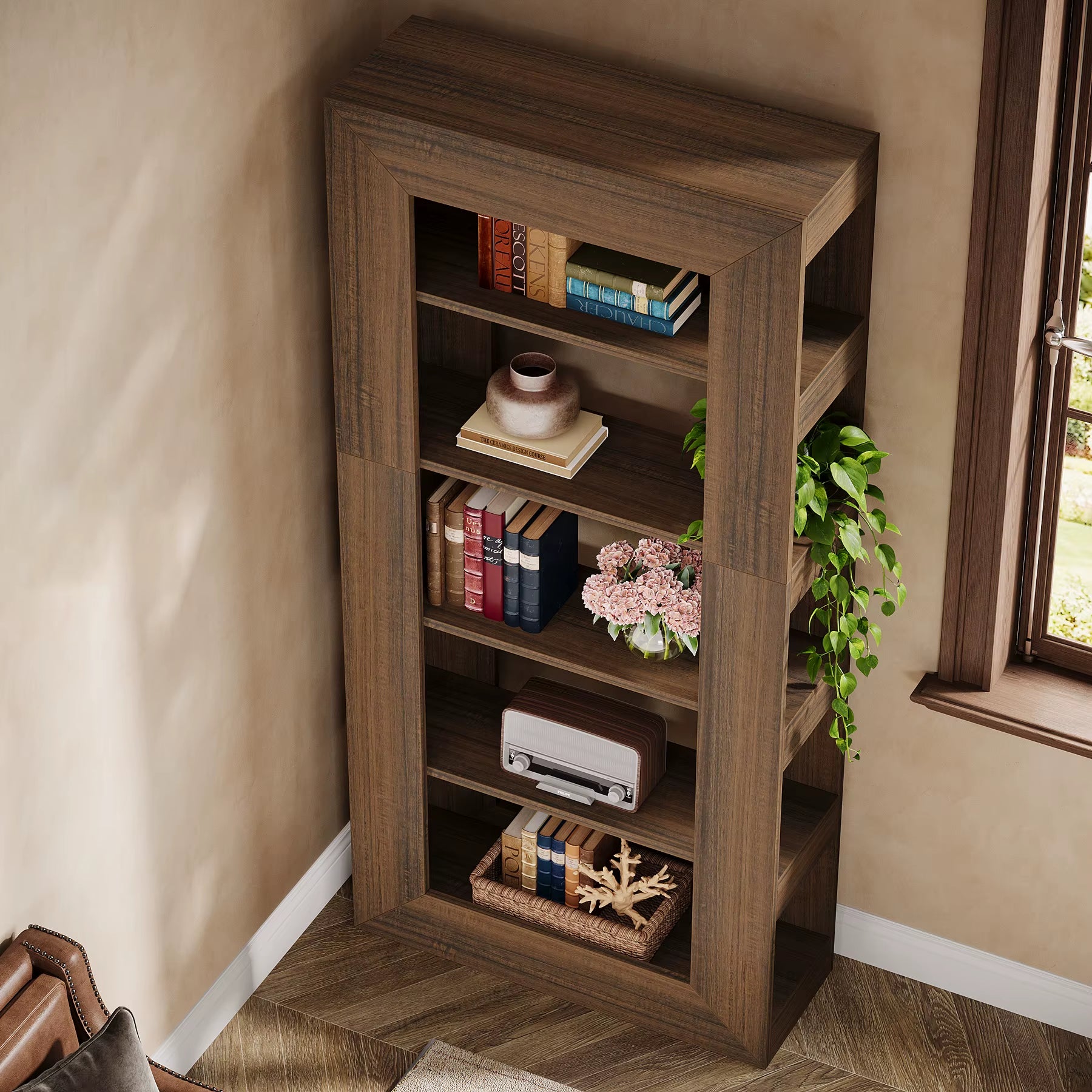 70.9" Tall Farmhouse Bookcase, Rustic Open Book Shelf, Vintage Brown Bookcase, Freestanding Storage Display Shelves