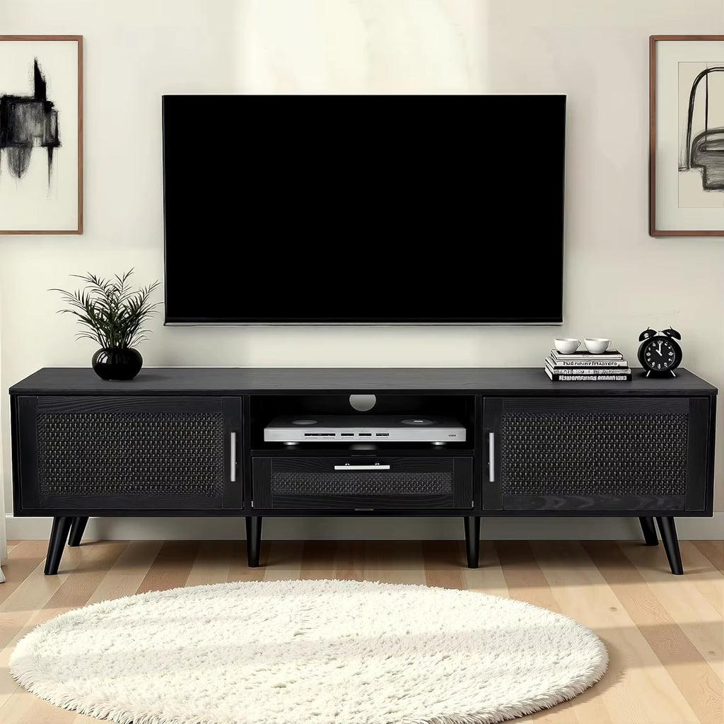 59-Inch Boho TV Stand Handmade 70-Inch TV Console Rattan Decorated Doors Natural Living Room Entertainment Center