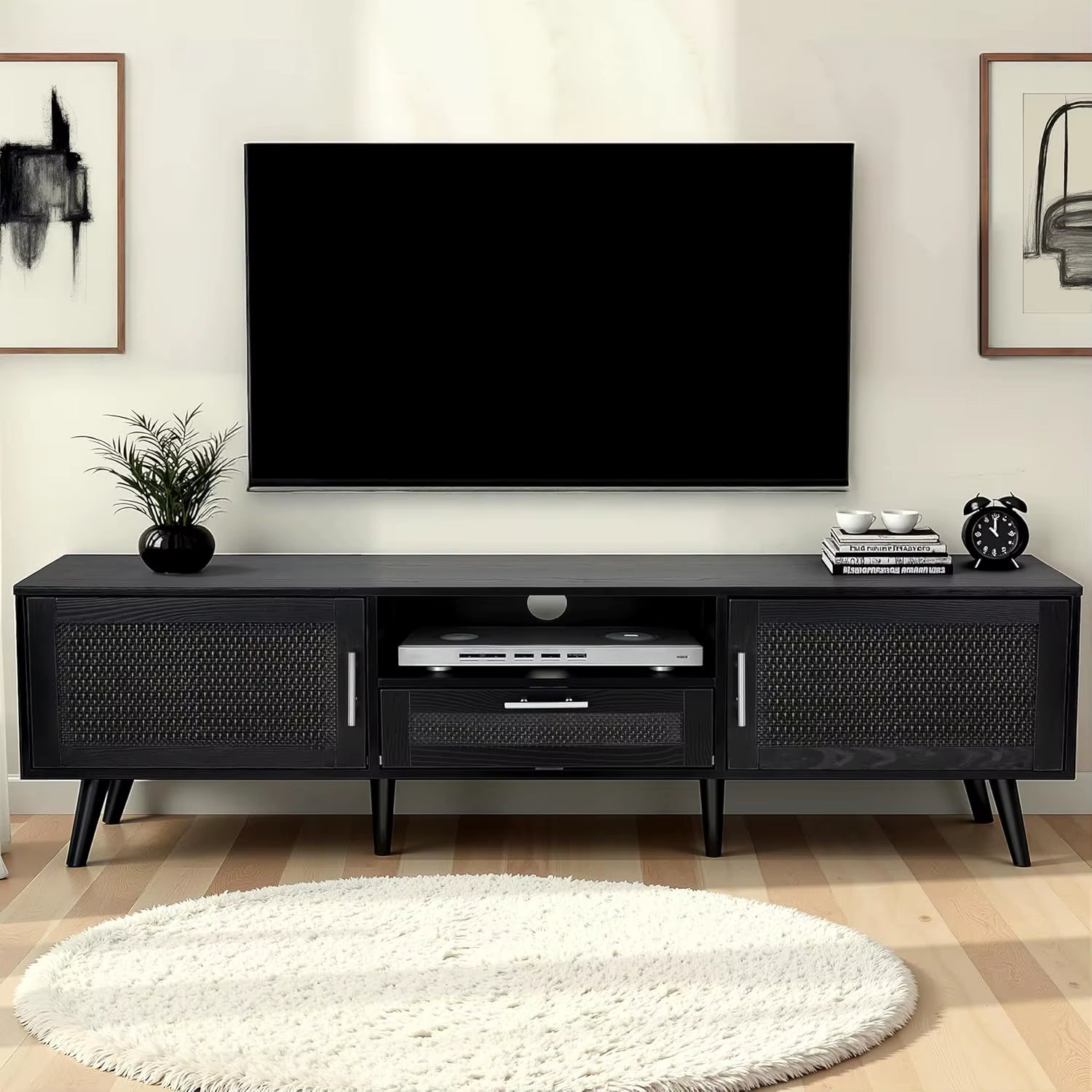 59-Inch Boho TV Stand Handmade 70-Inch TV Console Rattan Decorated Doors Natural Living Room Entertainment Center