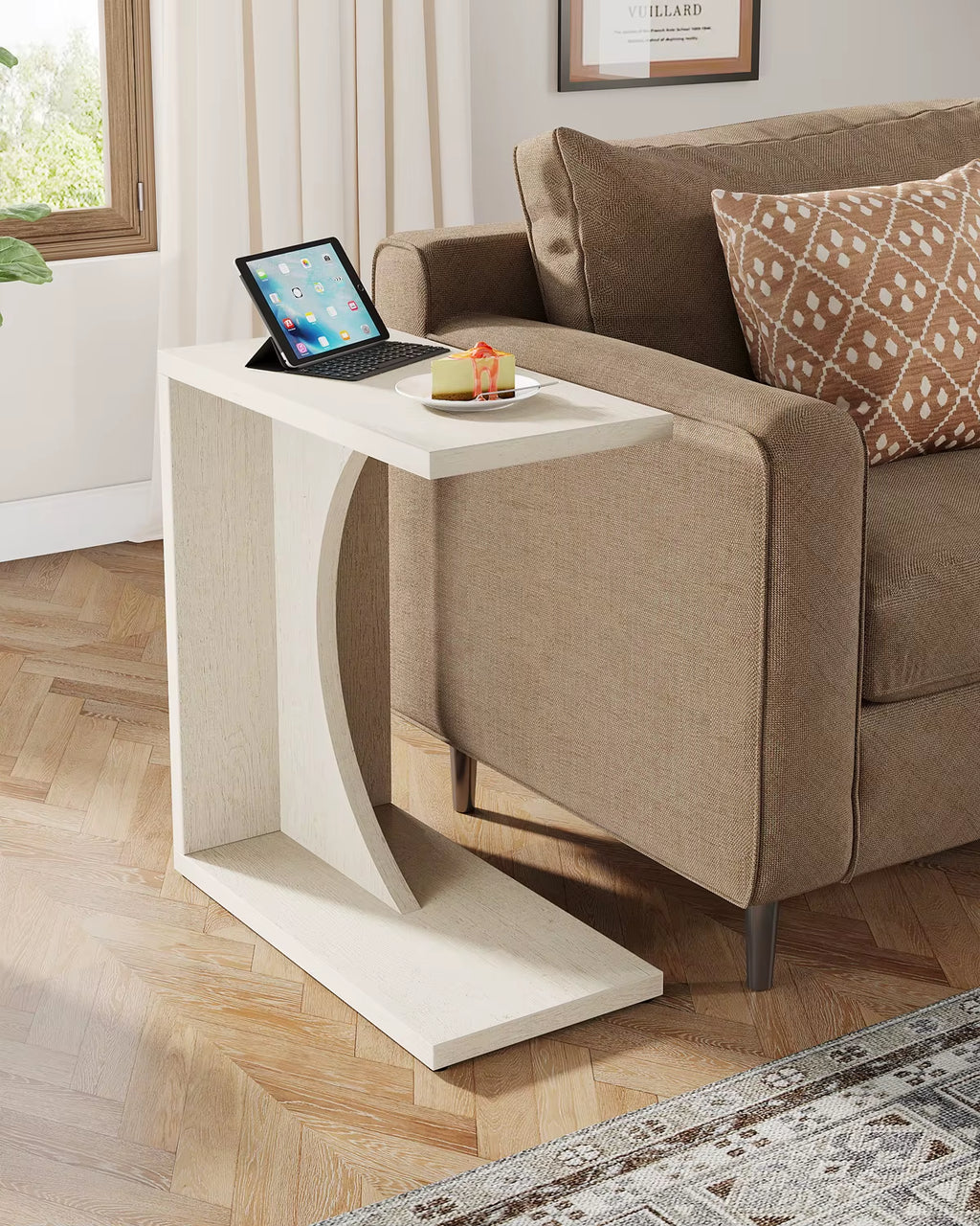 C Shaped End Table for Sofa & Bedroom - Small Side Table for Living Room, over Couch Tray Stand for Laptop, Snacks, Books,