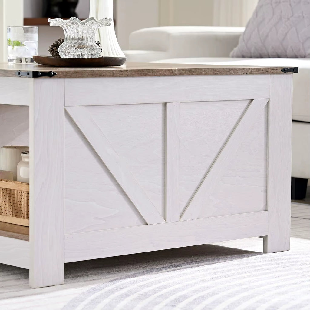 Modern Farmhouse Rotatable Nesting Coffee Table with Storage Solid Wood Square Design for Living Room Home Furniture