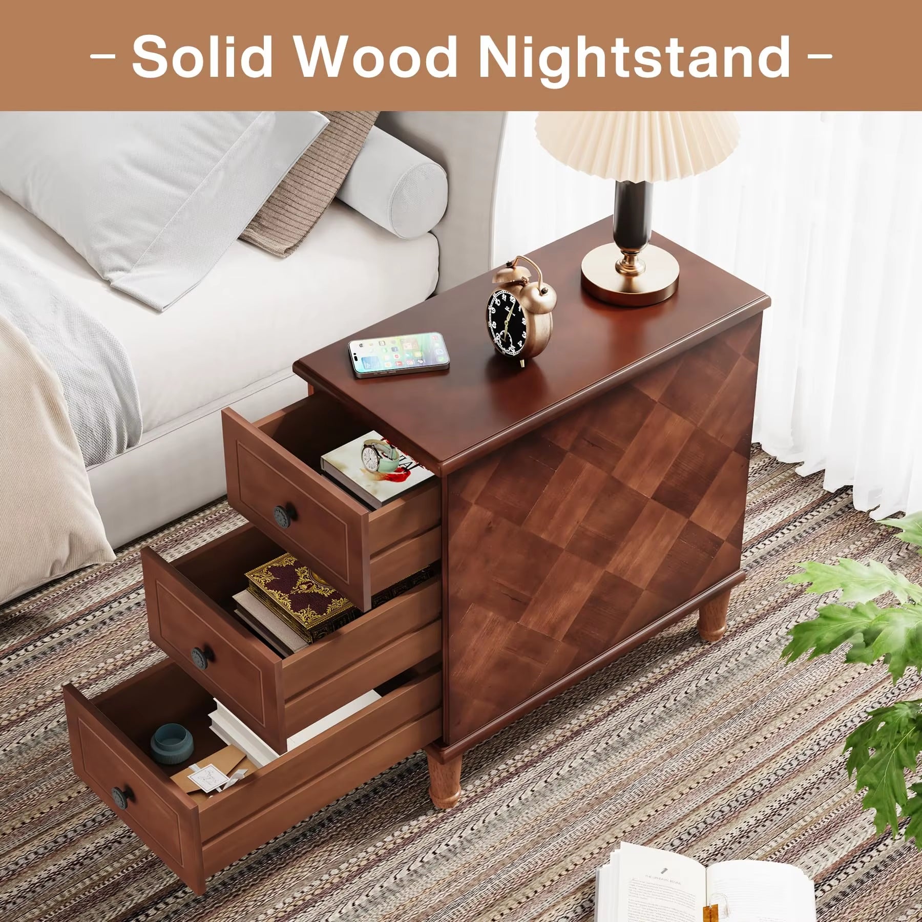 Tribesigns Modern Solid Wood End Table Fully Assembled with Slim Bedside Nightstand Drawers Pre-Assembled Side Table