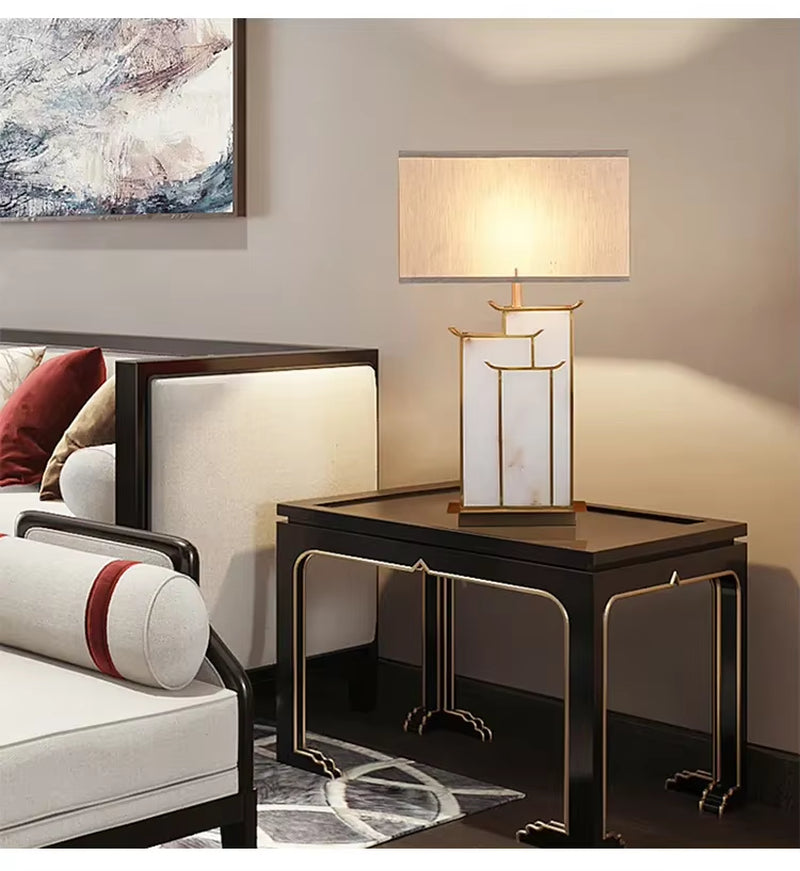 2024 Hot Chinese Home Hotel Living Room Lamp Nordic Cloth Lampshade Marble Lamp Luxury Decorative Lamp