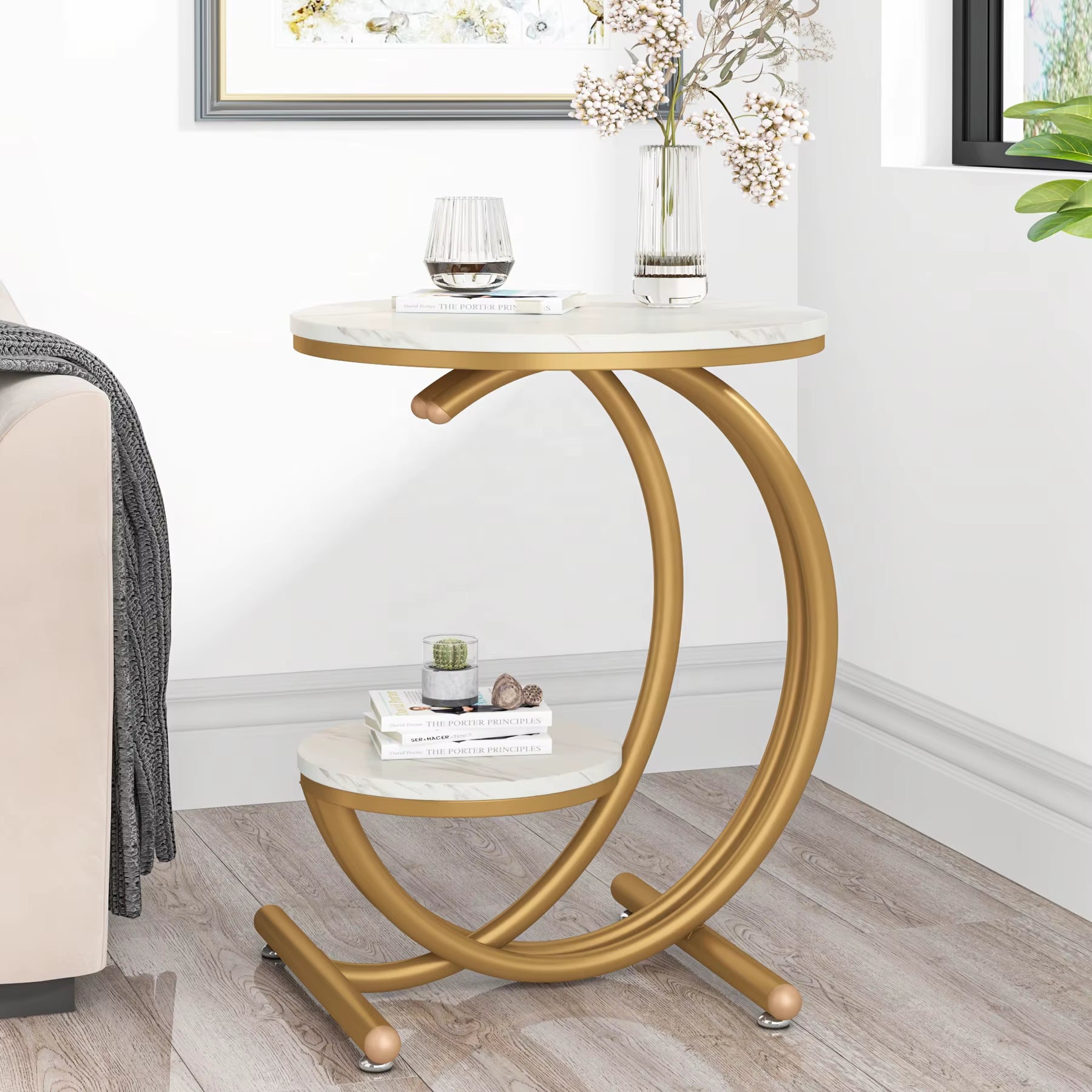 C-Shaped 2 Tier Wood Faux Marble Side Stainless Steel Table Legs round End Table for Sale