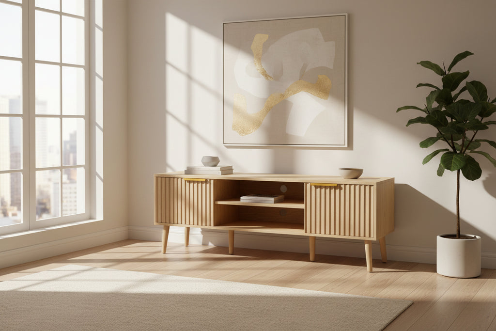 Modern TV Stand Living Room Entertainment Center 55-59 Inch Tvs Media Console Fluted Door Panels Open Shelves Oak