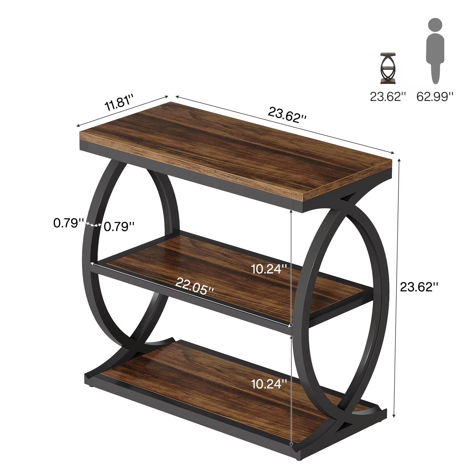 Tribesigns Narrow 3-Tier End Table for Living Room, Industrial Wooden Side Table with Metal Frame, Small Bedside Nightstand