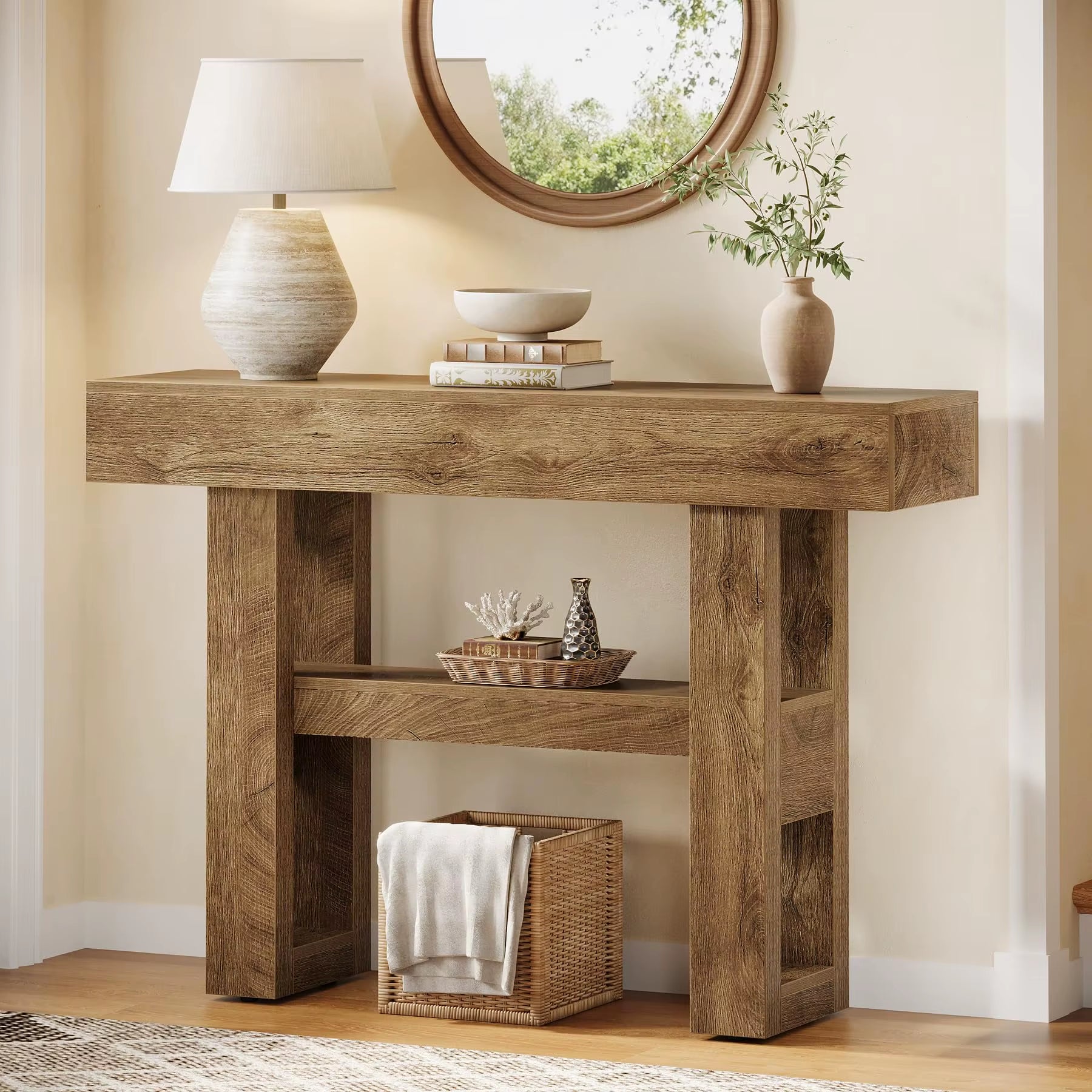 Wood Living Room Entryway Table Console Sofa Table with 2-Tier and Open Storage Shelves