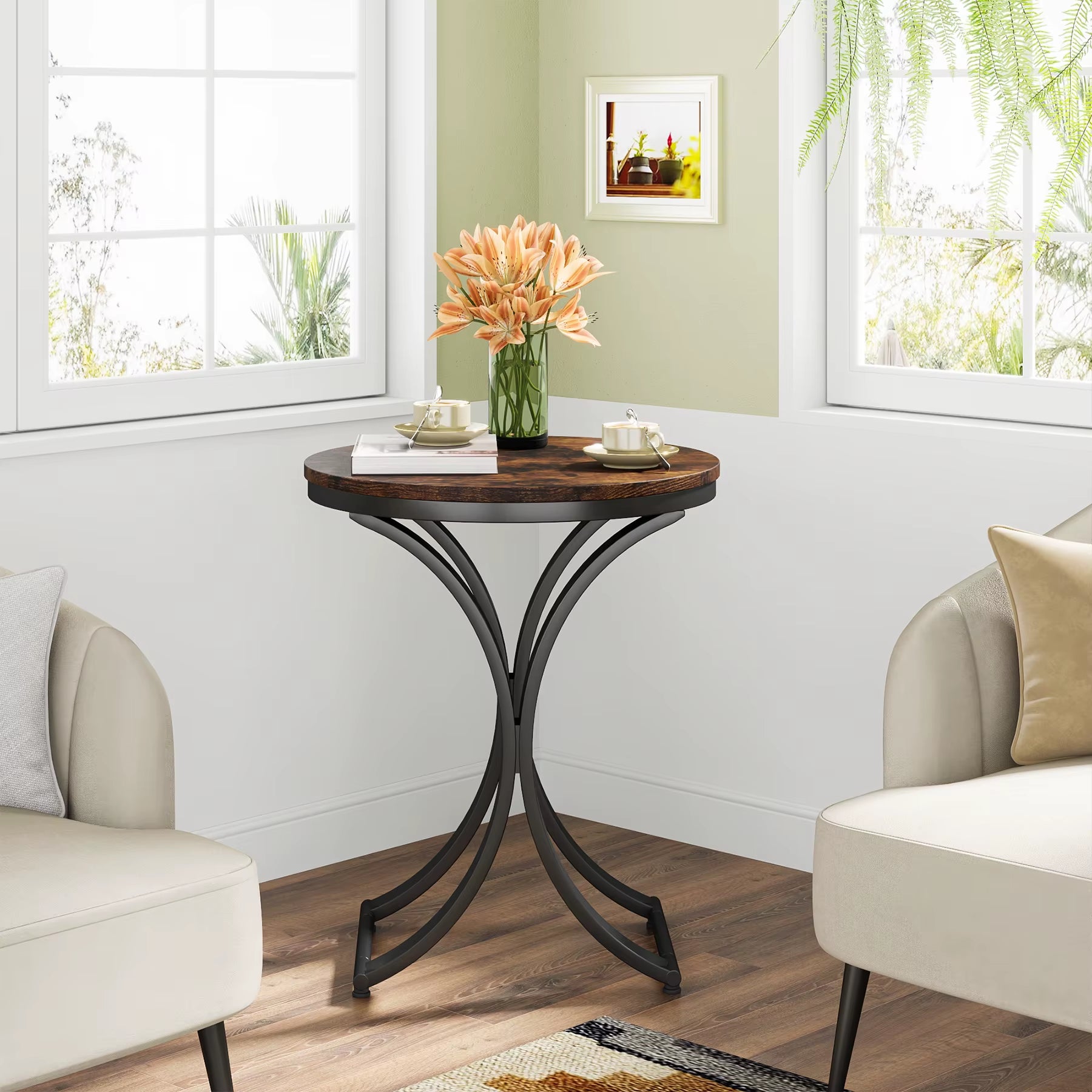 Tribesigns Modern Accent Decor Wood Rustic Brown 50 Cm C-Shaped Corner Sofa Side Table round for Living Room