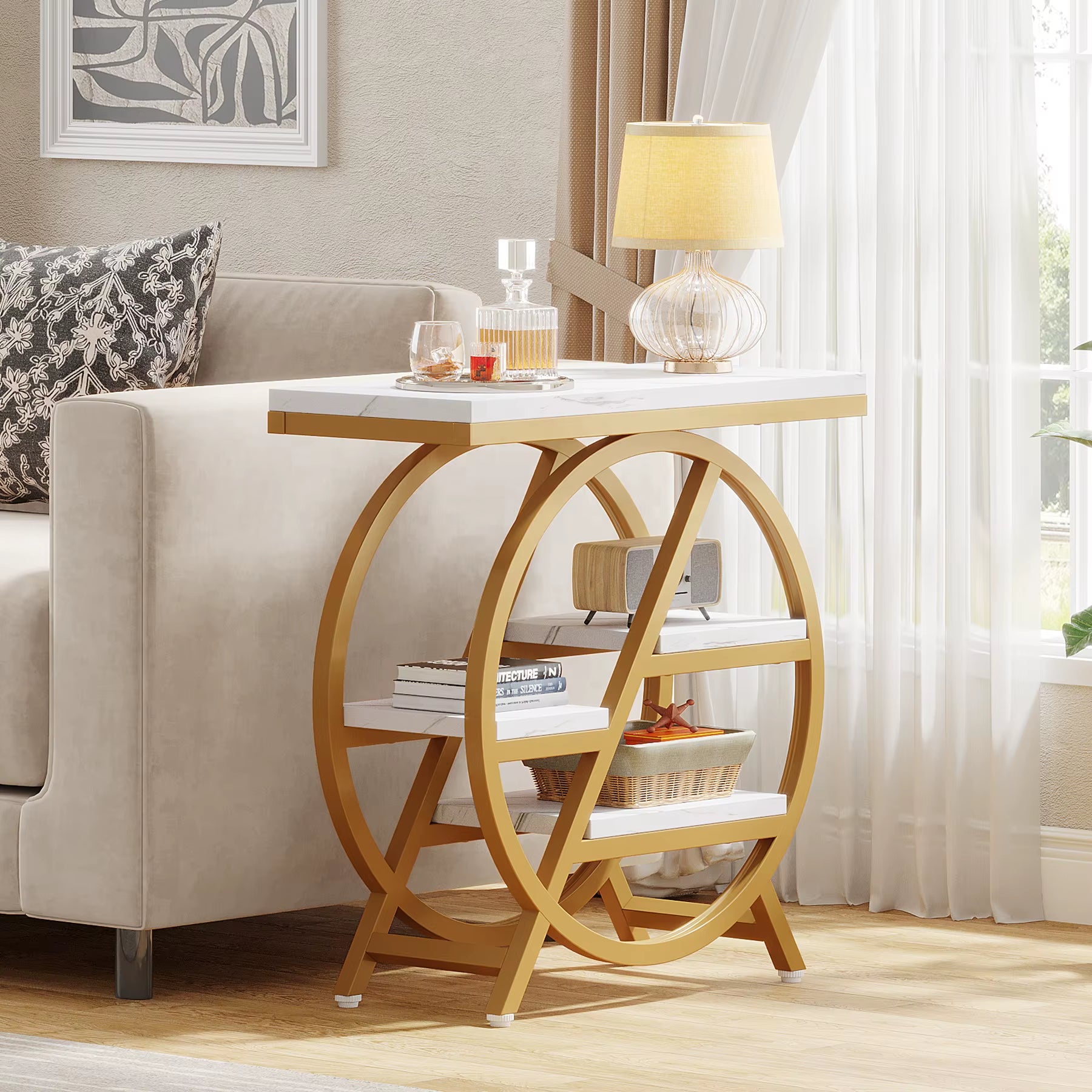 3-Tier Faux Marble Side Table with Storage, Wood Narrow Sofa Side Table Modern Nightstand and Bedside Table for Gold & White