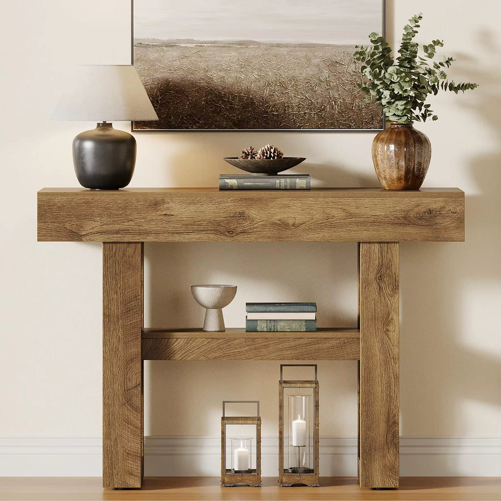 Wood Living Room Entryway Table Console Sofa Table with 2-Tier and Open Storage Shelves