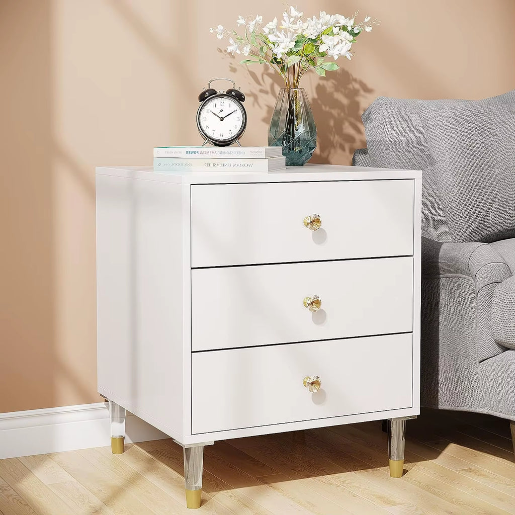 Bedside Table White Night Stand 3 Drawer Bedside Cabinet with Metal round Handles